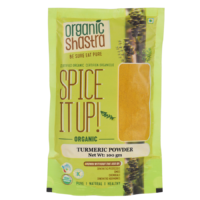 Front view of Organic Shastra Turmeric Powder 100 gm packaging.