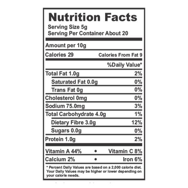 Nutrition facts label for Organic Shastra Turmeric Powder