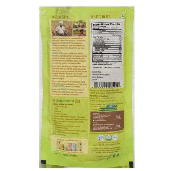 Organic Shastra Sesame White Natural 100g - Back, Ingredients, Nutrition Facts, and Product Information