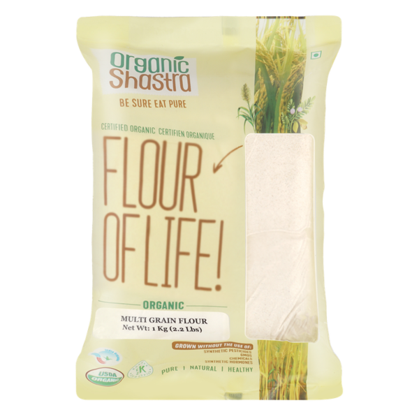 Organic Multigrain Flour blend of wheat, sorghum, barley, Bengal gram, and finger millet in a pouch pack